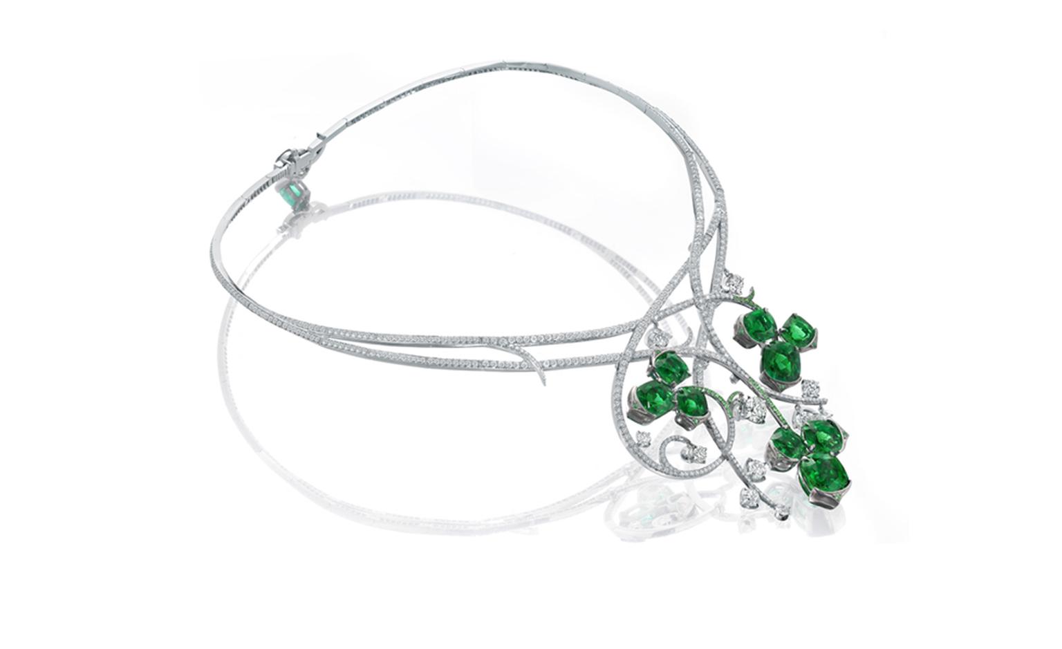 Boodles Iolanthe necklace with diamonds, emeralds and tsavorites created for the launch of the new shop at the Savoy Hotel