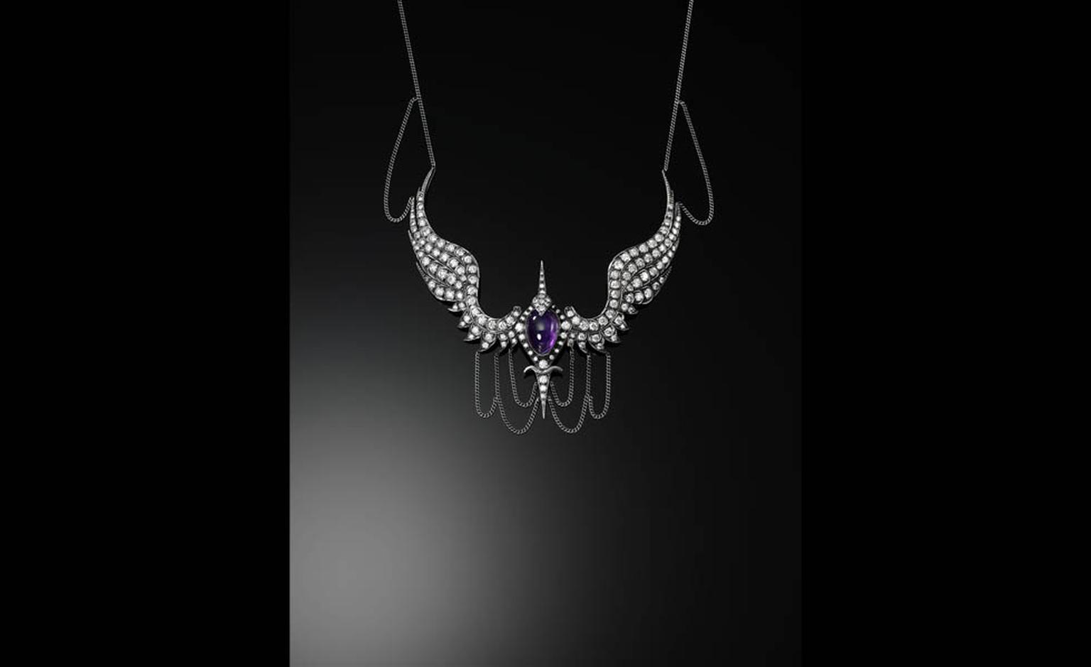 Jessica McCormack "Take me under your wings' necklace with central cabochon cut amethyst surrounded by diamonds in yellow gold and oxidised silver, £59,840