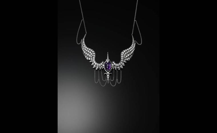 Jessica McCormack "Take me under your wings' necklace with central cabochon cut amethyst surrounded by diamonds in yellow gold and oxidised silver, £59,840