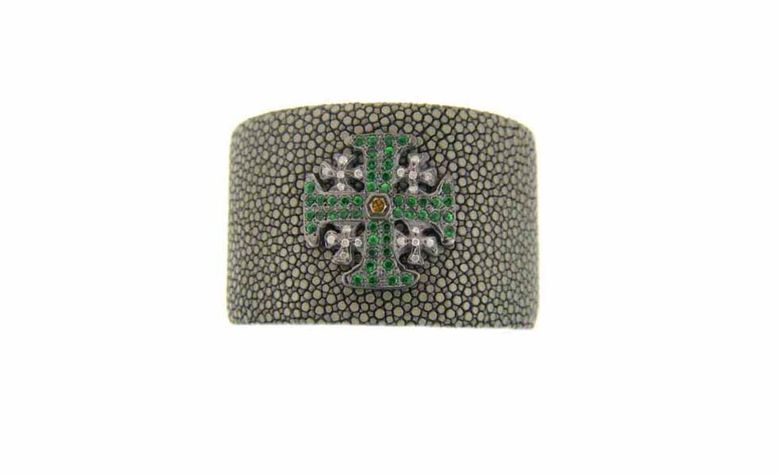 Loree Rodkin shagreen cuff with maltese cross made of tsavorites with grey and yellow diamonds £5,610