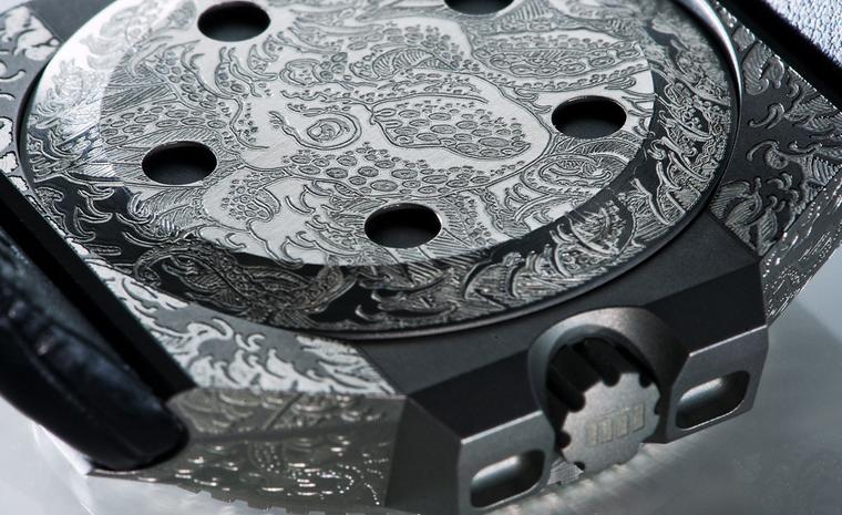 View of the engraved case back of the Oktopus Tattoo that sells for 14,400 euros