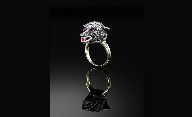 Jessica McCormack, The Cunning Mr Fox diamond ring, diamonds and cabochon ruby eyes, mounted in yellow gold and oxidised silver £21,000