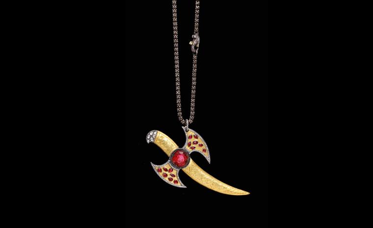 Sevan Bicakci, Oxidised silver, gold ruby and diamond dagger pendant POA