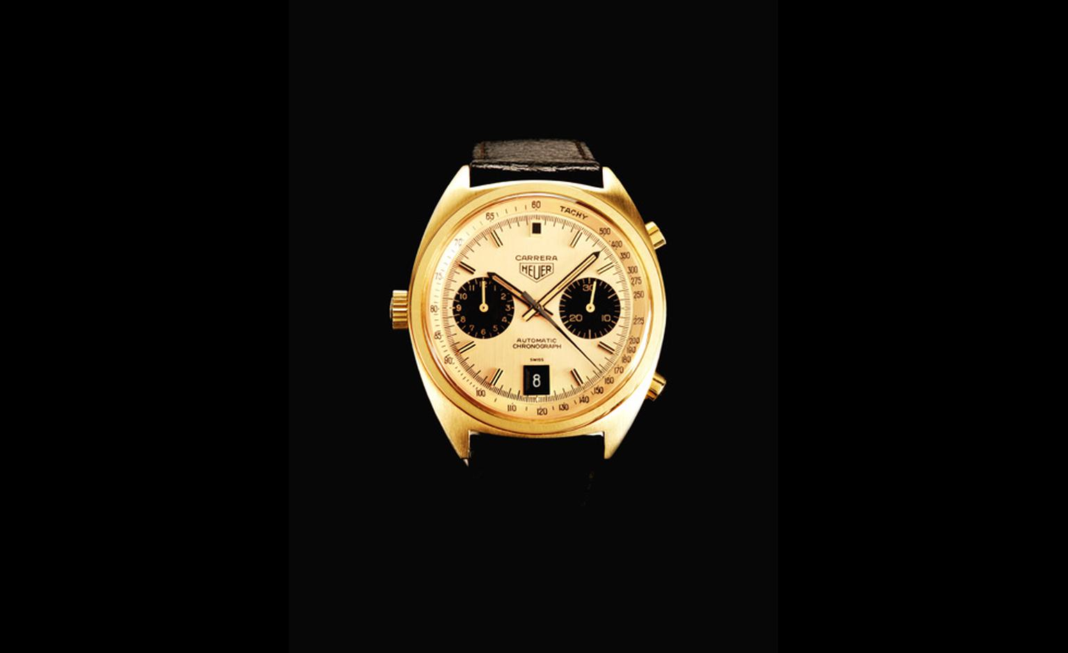 Bonham's Lot 96. A fine 1972 Heuer 18ct gold Carrera automatic chronograph that sold for £22,800, estimate was £7,000 to £9,000