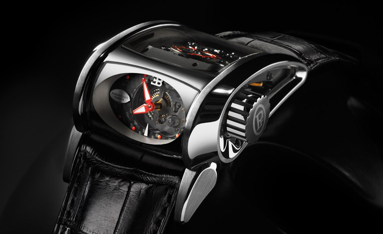 Time is read off the side of the case on the Parmigiani Fleurier Bugatti Super Sport, so no need to take your hands off the wheel to glance at the time