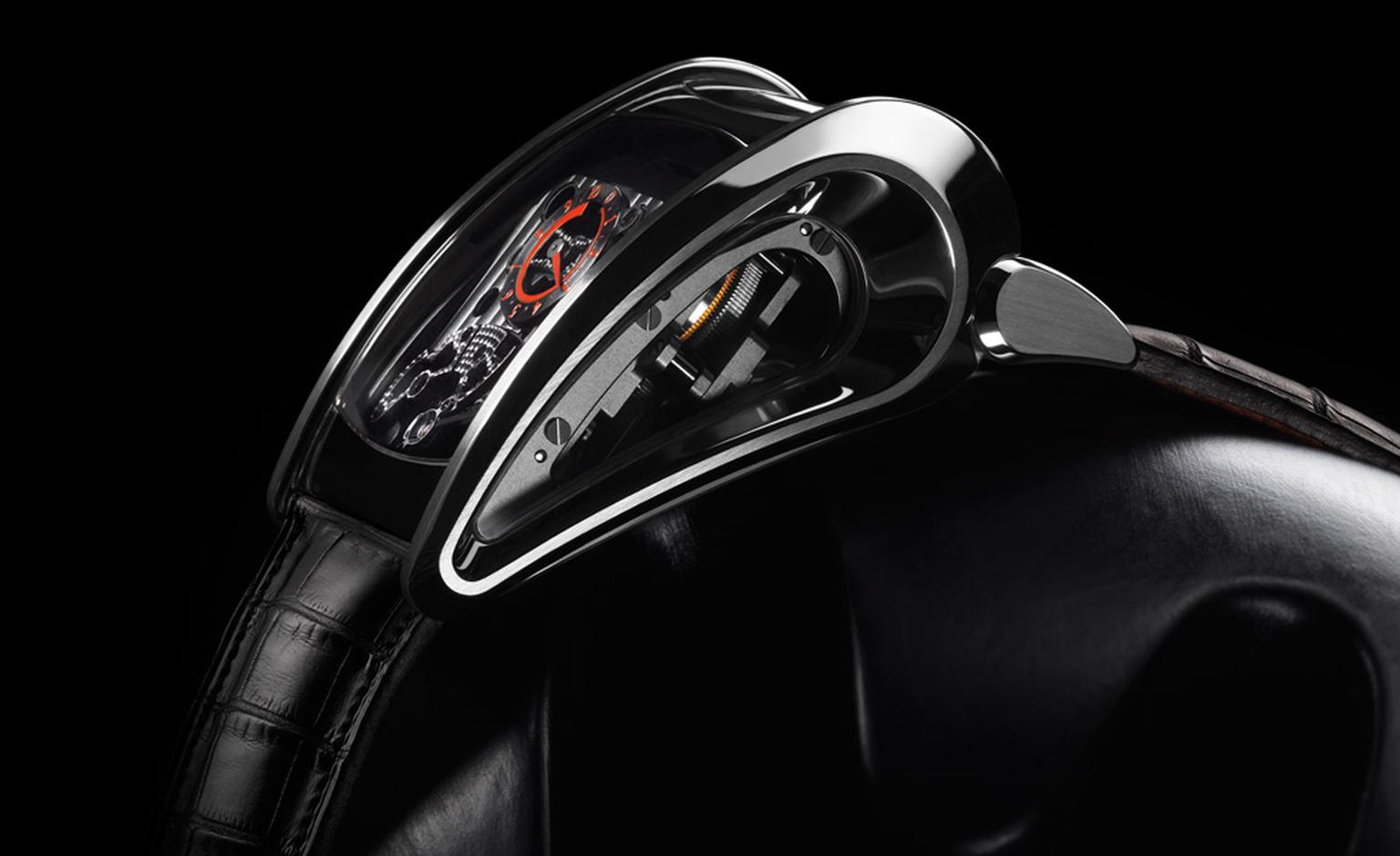 Profile of the Parmigiani Fleurier Bugatti Super Sport watch that is all stealth curves and made for speed.