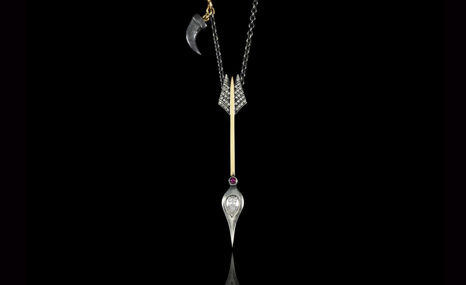 Jessica McCormack, ‘Anger’ diamond, ruby, 18k yellow gold and silver pendant necklace, from the XIV collection. Designed as an arrow, the head set at the centre with pear-shaped diamond weighing 0.58 carat, surmounted by a cabochon ruby, continu...
