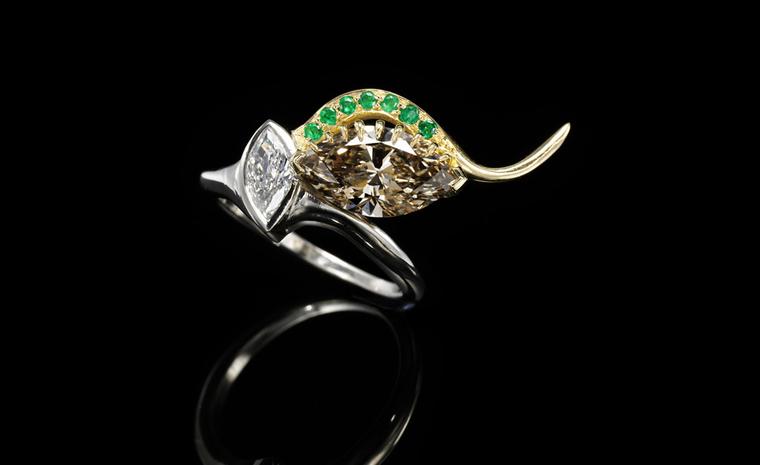 Jessica McCormack, ‘Envy’ diamond, 18k yellow and white gold ring, from the XIV collection, set with a marquise-shaped diamond weighing 2.28 carats. £23,500