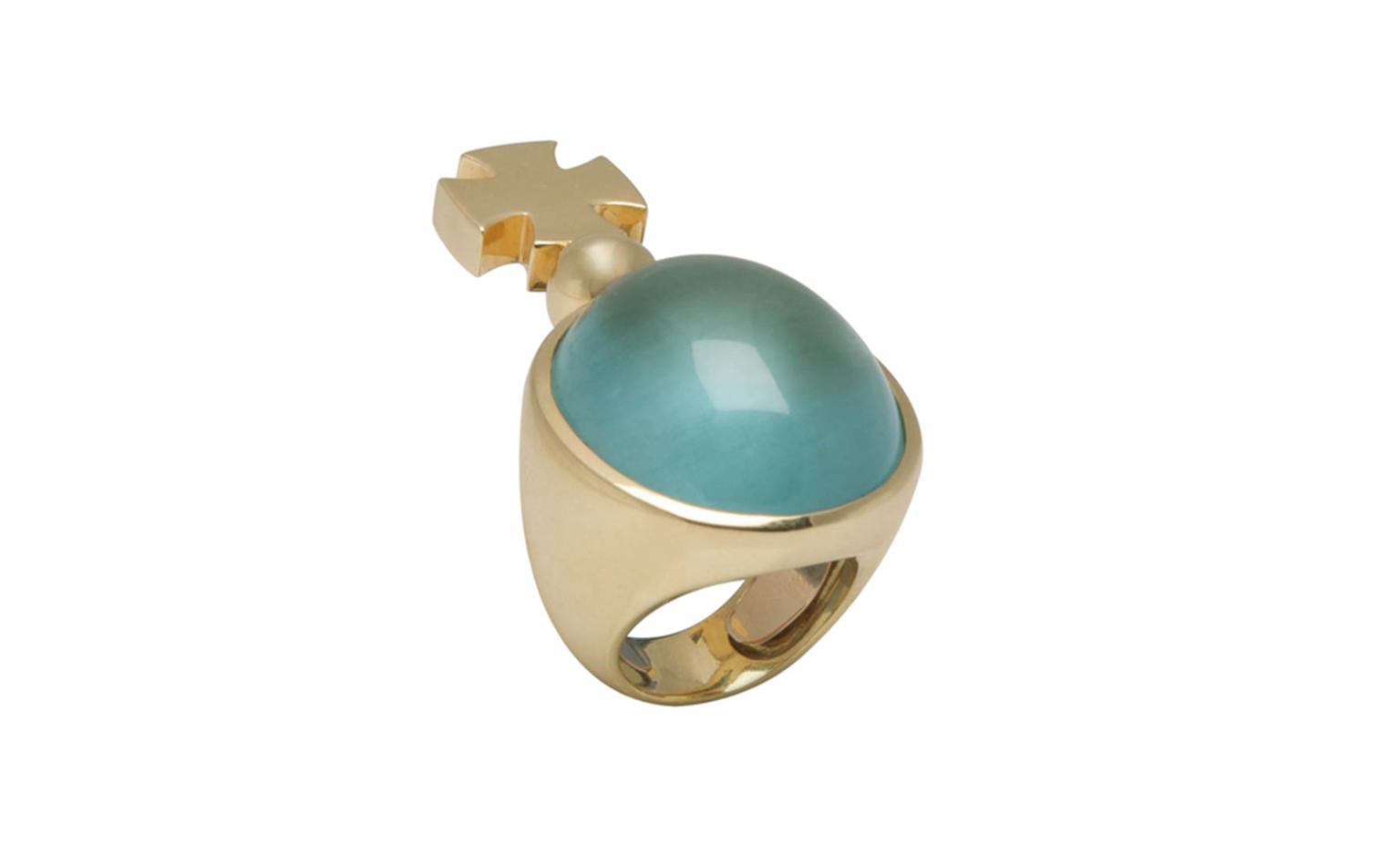 Noor Fares, Cross motif aquamarine cabochon ring in yellow gold.  Special Collection POA