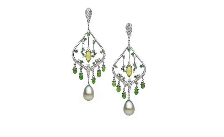 Autore, Fire & Ice Advent of Spring earrings in white gold, with Tahitian South Sea pearls, tsavorite garnets, chrome diopside, peridot and black and white diamonds. $62,000 AUD