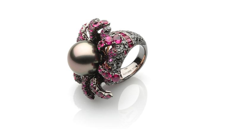 Autore, Fire & Ice Cooling Volcano ring in white gold, with black rhodium and rose gold, Tahitian South Sea pearls, rubies, orange sapphires and black diamonds. $50,000 AUD