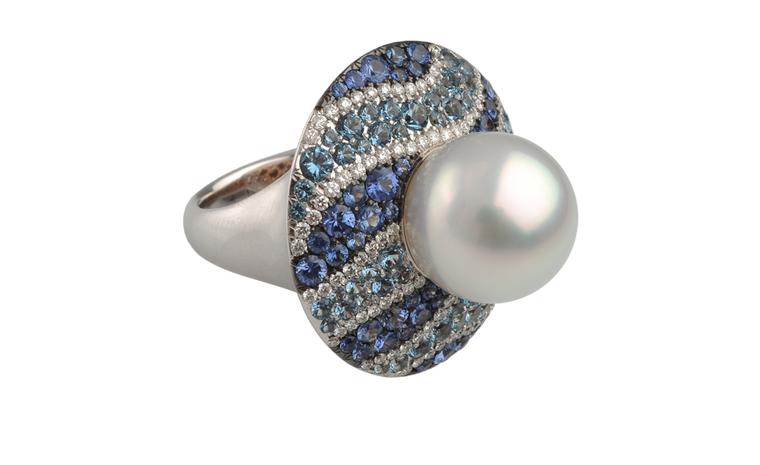 Autore, Fire & Ice Iceberg white gold, South Sea pearl, diamond, blue sapphire and aquamarine ring. $25,500 AUD