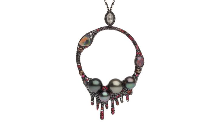Autore, Fire & Ice Lava Flow pendant in titanium and white gold, with black rhodium, Tahitian South Sea pearls, orange sapphires, red spinel, black opals, rustic look, black and white diamonds. $75,000 AUD