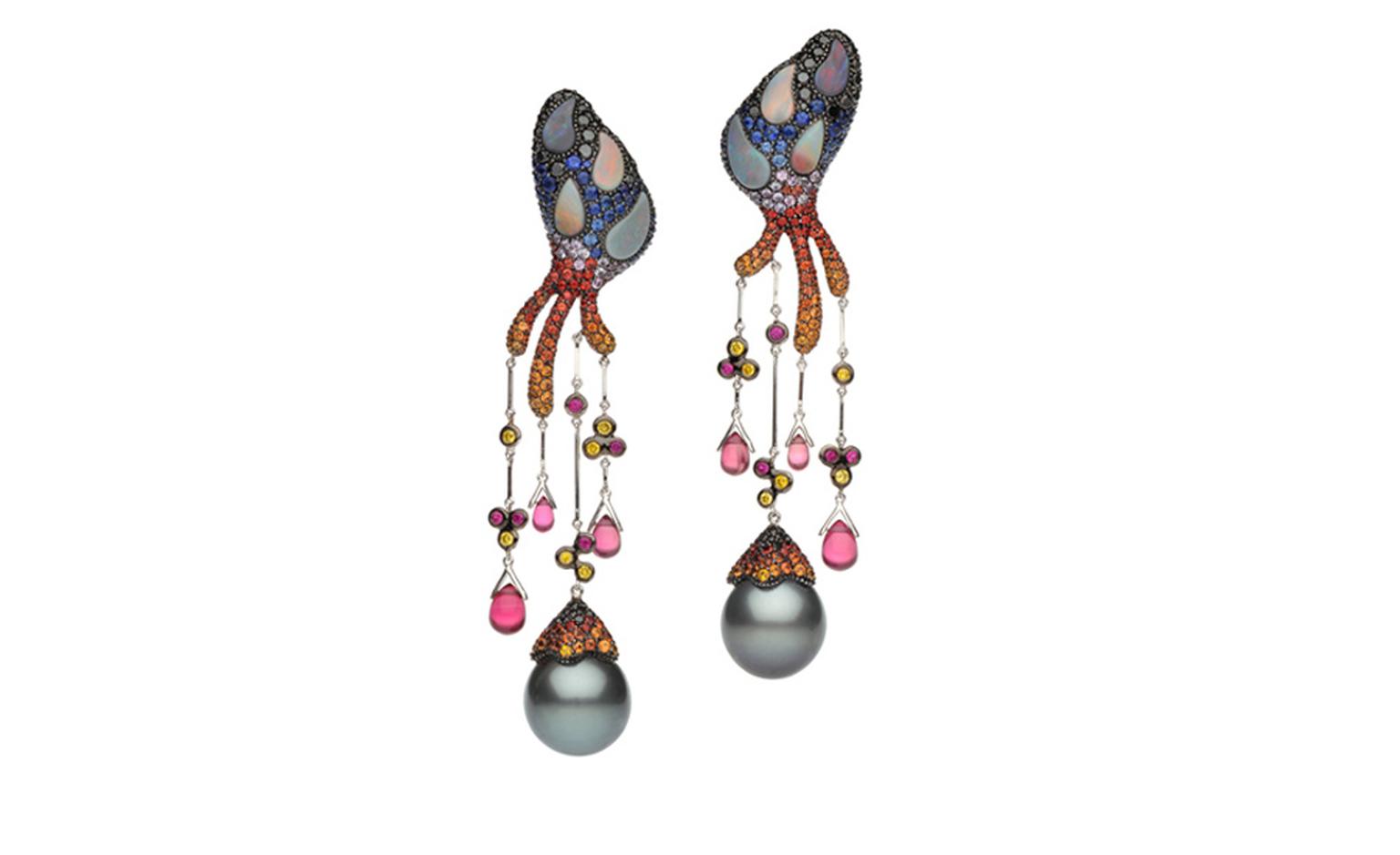 Autore, Fire & Ice Santorini Earrings in white and rose gold with Tahitian South Sea pearls, black and yellow diamonds, purple, blue, yellow and orange sapphires, pink tourmaline and black opal. $55,000 AUD