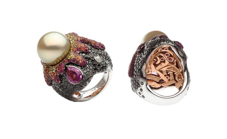 Autore, Fire & Ice Vesuvio Ring in white and rose gold, with South Sea pearl, rubies, pink, orange and yellow sapphires, black and white diamonds. $60,000 AUD