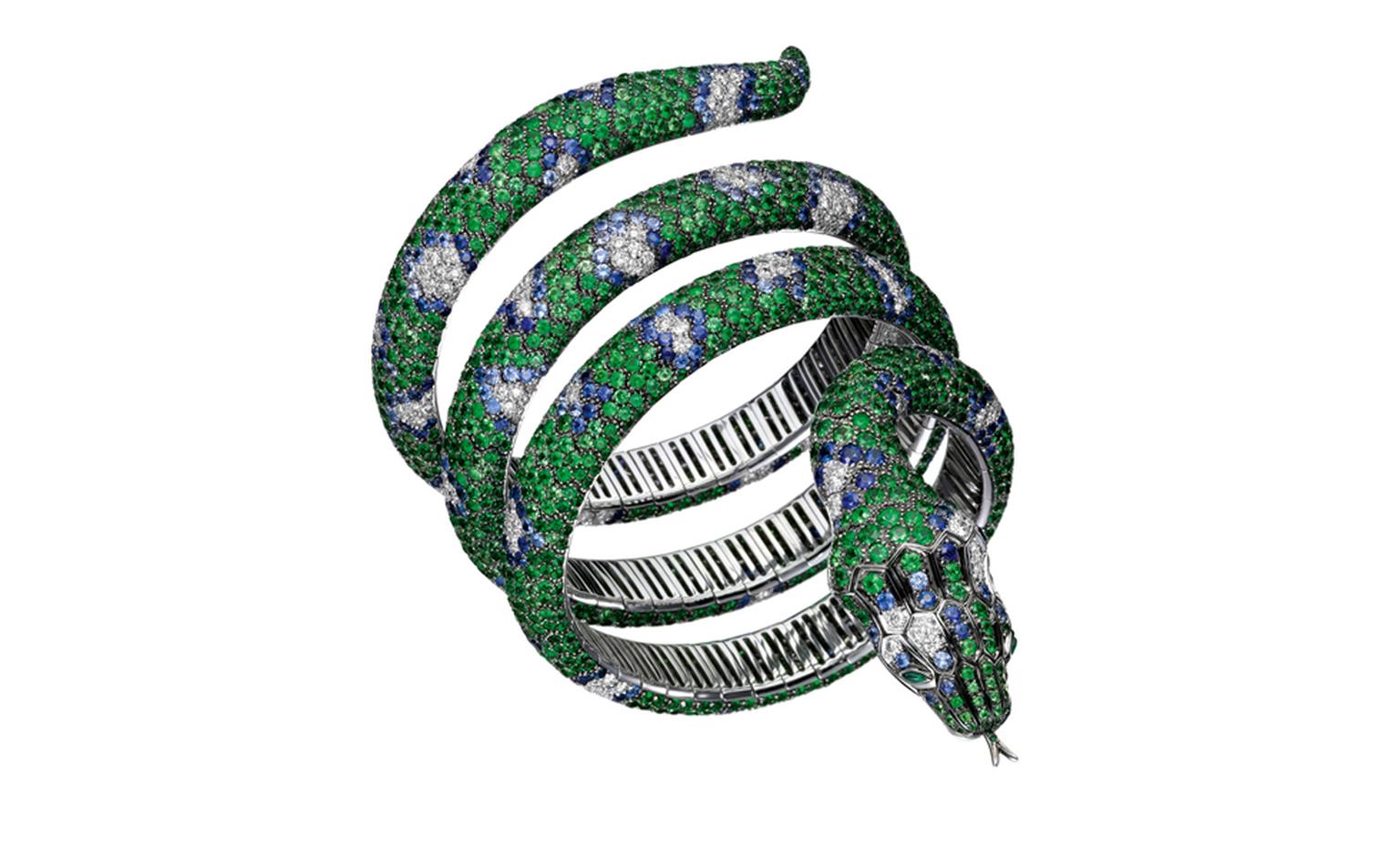 Boucheron Python Bracelet with 700 tsavorites, 440 sapphires and  120 diamonds in white gold. Price: £166,000