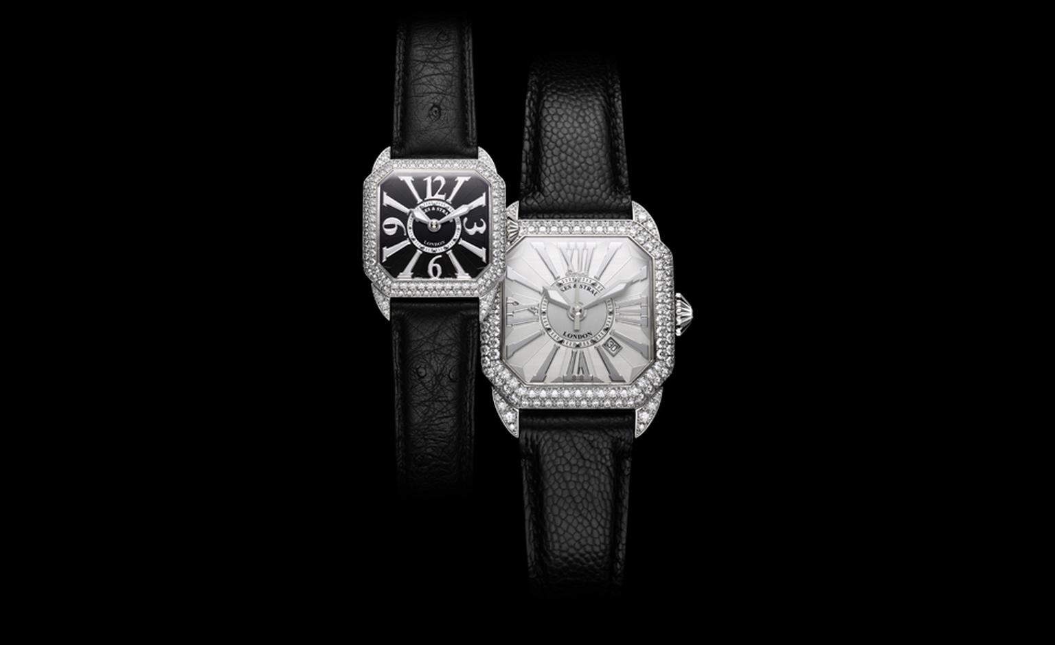 Backes & Strauss, two Berkeley watches in white gold. The black dial model boasts 129 diamonds weighing 1.77 cts. Price £16,130. The larger white dial model has 139 diamonds weighing in at 3.44 carats. Price: £39,005