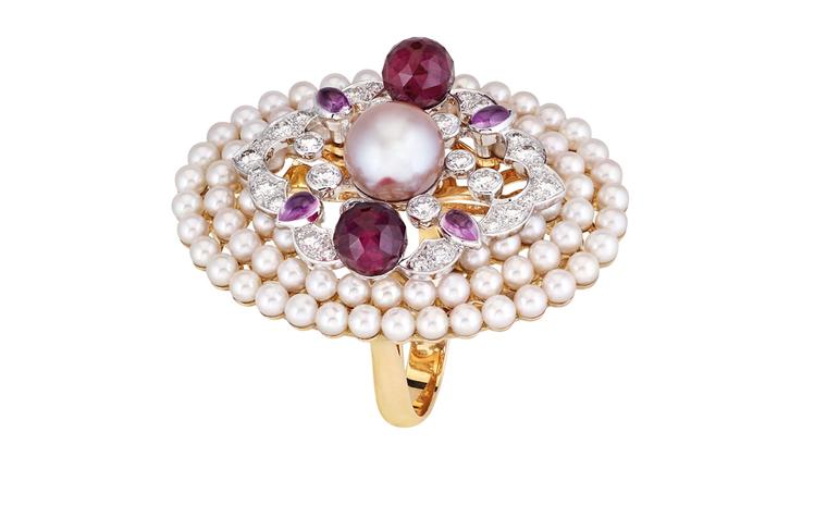 Chanel Secrets D'Orient Byzance Ring in 18 karat white and pink gold, diamonds, cultured pearls, pink sapphires and rubellites. POA