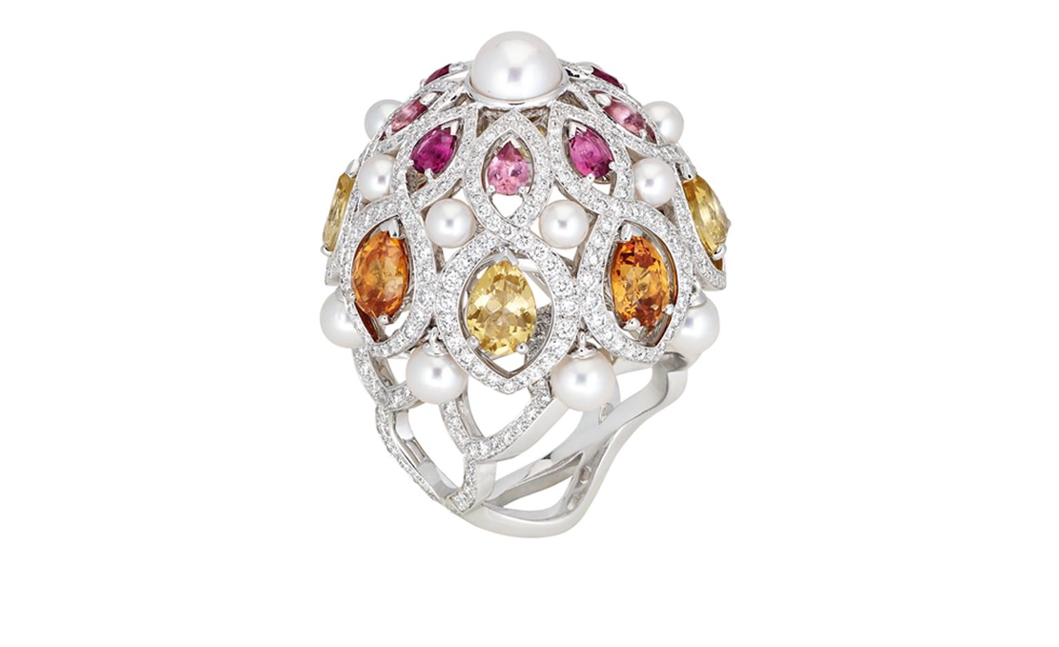 Chanel Secrets D'Orient Coupoles Ring in 18 karat white gold, diamonds, cultured pearls, rebellites, pink tourmalines, garnets and citrines. POA