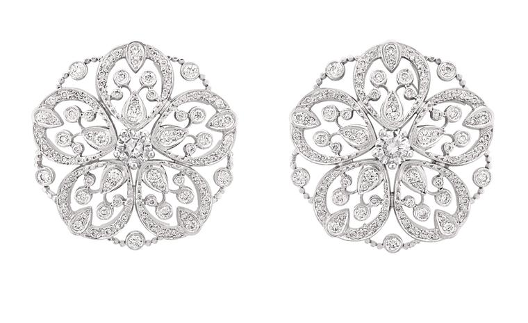 Chanel Secrets D'Orient Camelia Dentelle Earrings in 18 karat white gold and diamonds. POA