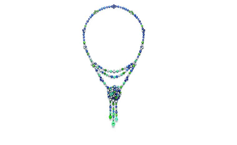 Chaumet Bee My Love necklace with diamonds, tourmalines, tsavorite garnets and sapphires cascades down the neck. The two outer pendant drops can be detached and worn as earrings.  e