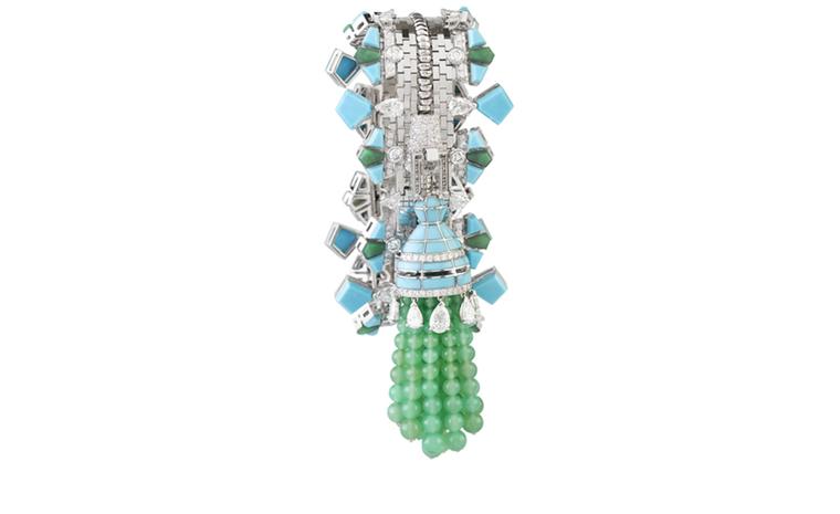 Van Cleef & Arpels Zip necklace in white gold set with diamonds, turquoise, chloromelanite and chrysophrase.  Worn as a bracelet. POA