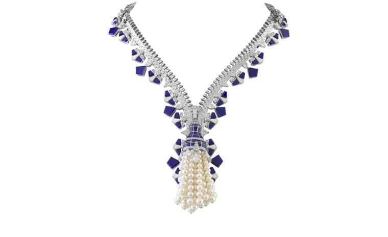 Van Cleef & Arpels Zip necklace in white gold set with diamonds, white cultured pearls, white mother-of-pearl and lapis lazuli. POA