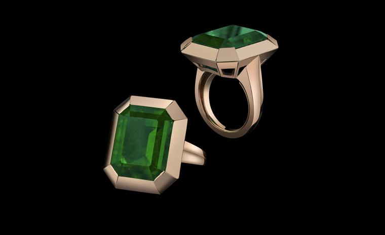 Two views of the emerald tablet ring from the Style of Angelina collection to go on sale later this year. Proceeds will benefit Jolie's charity The Education Partnership for Children of Conflict.
