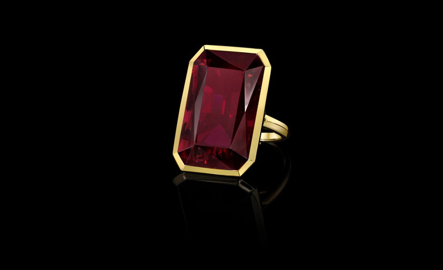 Tablet faceted rubellite ring designed by Angelina Jolie with Robert Procop from the Style of Angelina collection to go on sale later this year. Proceeds will benefit Jolie's charity The Education Partnership for Children of Conflict.