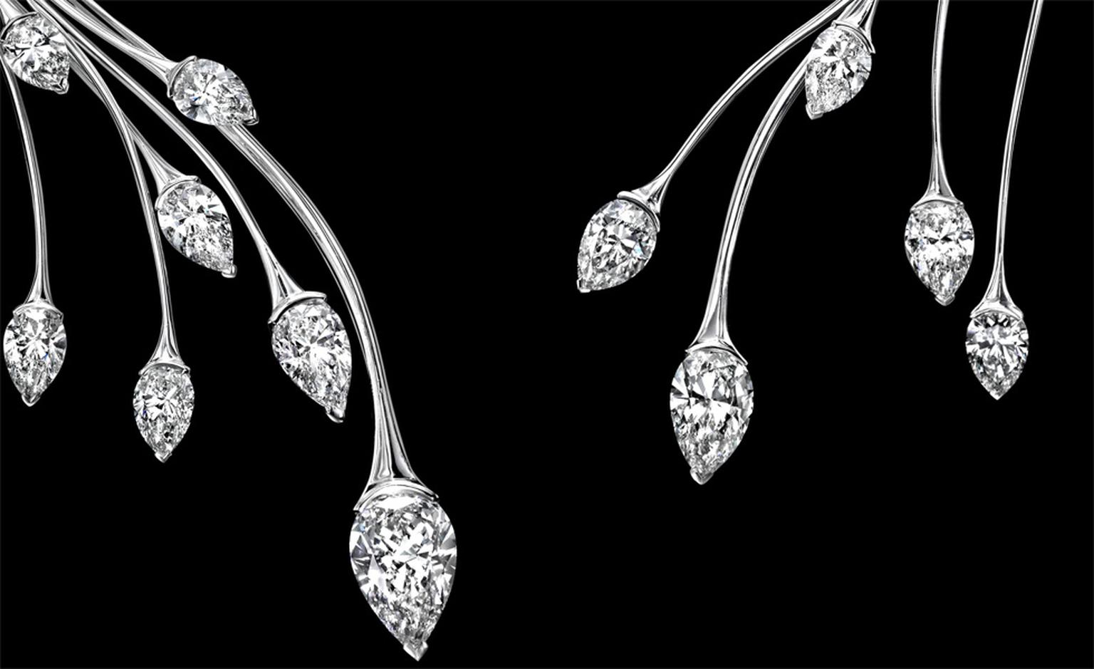 Close up of Sotheby's Diamonds Spray necklace. By setting the diamonds with the point down, they look like buds growing at the tip of a slender branch