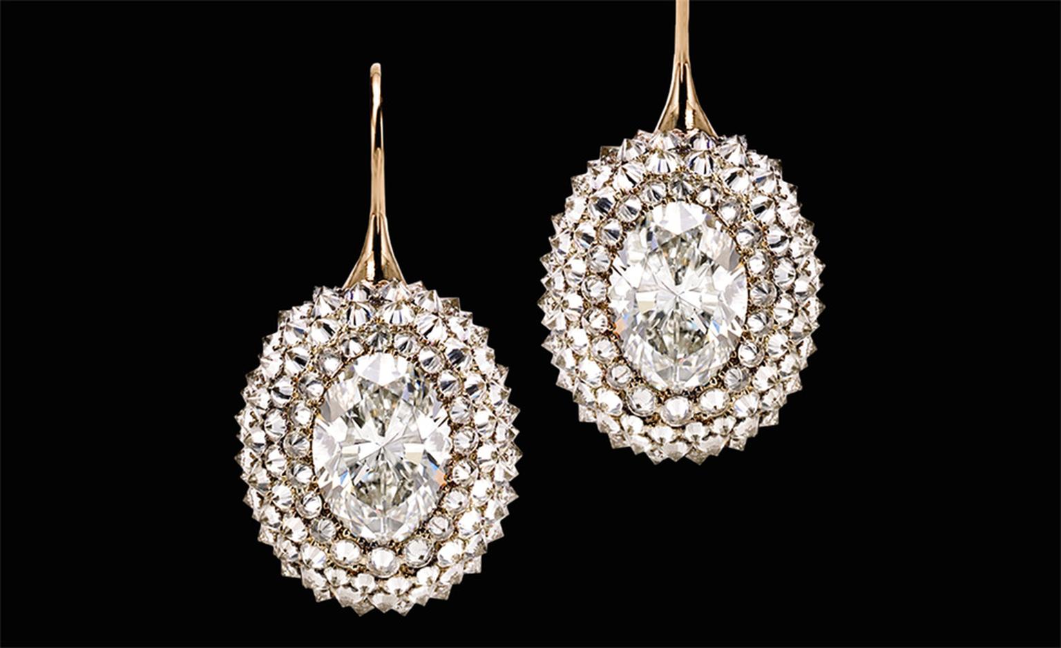 Sotheby's Diamonds Durian Fruit earrings. The smaller diamonds are set upside down so that the pointed ends are facing out. The effect is one of rich texture and intense fire.
