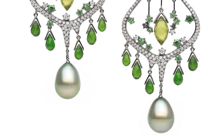 Tender green buds pierce through the thaw are the inspiration for these Autore, Fire & Ice Advent of Spring earrings in white gold, with Tahitian South Sea pearls, tsavorite garnets, chrome diopside, peridot and black and white diamonds. $62,000 AUD
