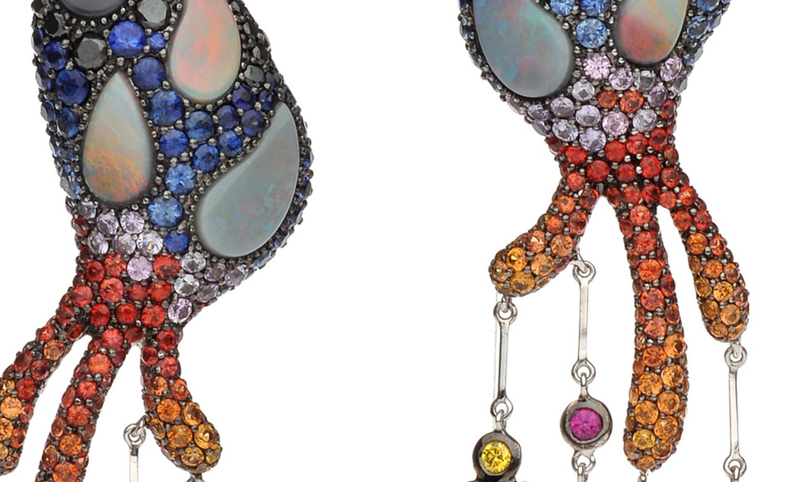Autore, Fire & Ice Santorini Earrings in white and rose gold with Other-wordly opals and red hot orange and yellow sapphires make unlikely combinations in these Autore earrings. $55,000 AUD