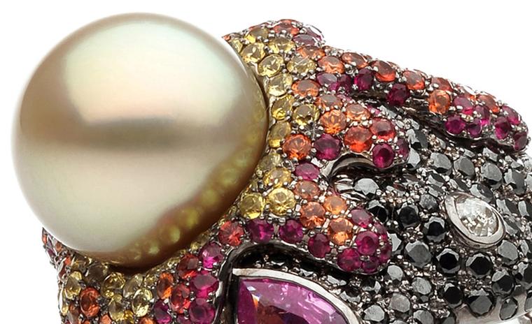 Detail of the Autore, Fire & Ice Vesuvio Ring: you can almost feel the heat of the molten lava, dribbling down the black diamonds. $60,000 AUD
