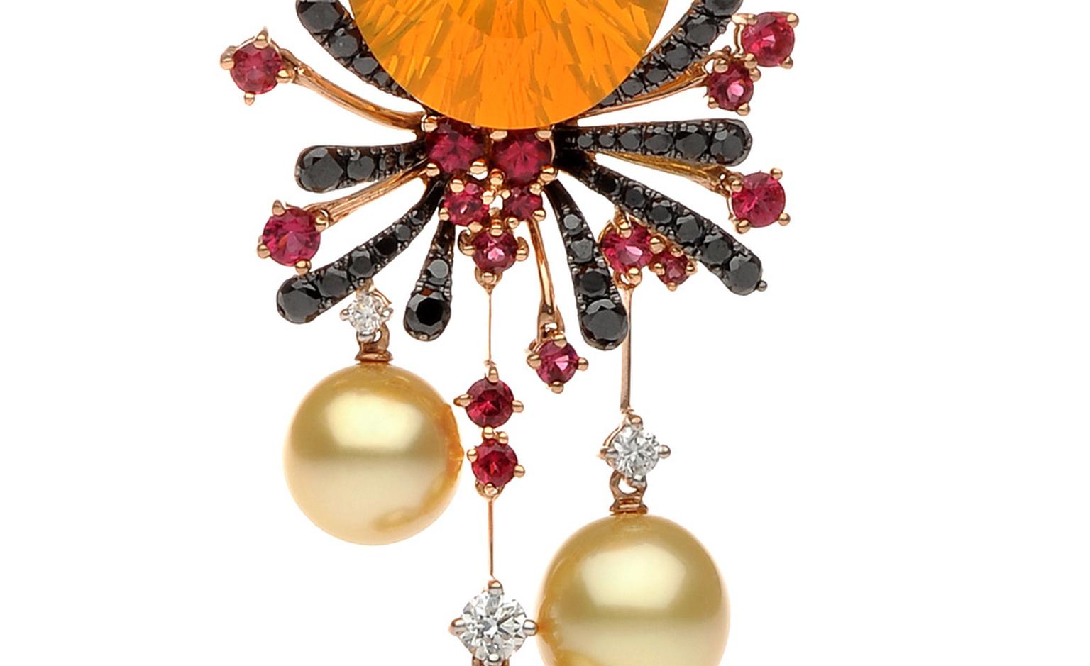 Close up of the Autore, Fire & Ice Fiery Lava rose gold, South Sea pearl, red spinel, fire opal, and black and white diamond necklace. $65,000 AUD