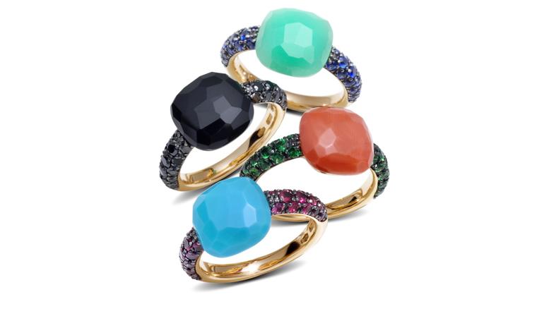 POMELLATO, Capri rings in rose gold turquoise and rubies, onyx and brown diamonds, coral and tsavorites, chrysoprase and blue sapphires. Starting from £1,770