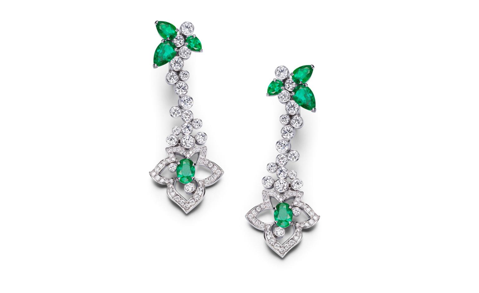 PIAGET, Limelight Garden Party, white gold earrings set with diamonds, emeralds and 6 pear-shaped emeralds