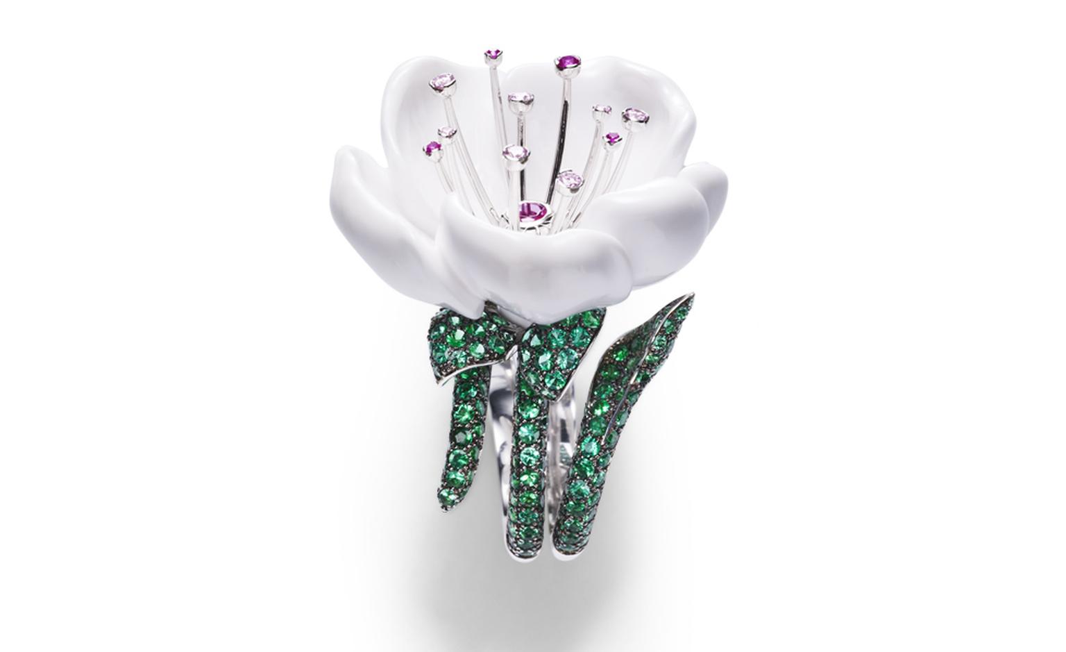 PIAGET, Limelight Garden Party, white gold ring set in diamonds and emeralds, 1 carved white chalcedony, 1 rubellite and pink sapphires. POA