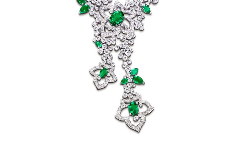 PIAGET, Limelight Garden Party, close up of white gold necklace set with diamonds and emeralds. POA