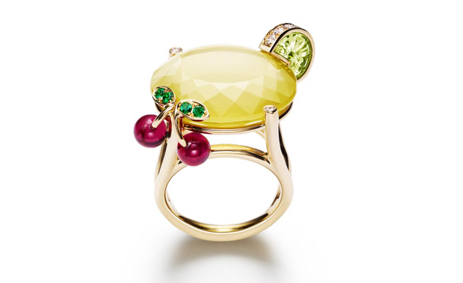 PIAGET, Limelight cocktail inspiration, Lemon Fizz ring, inspiration in white gold and diamonds, peridot, yellow quartz, emeralds and rubellites. POA