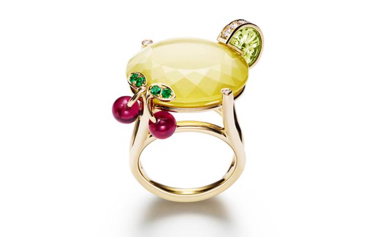 PIAGET, Limelight cocktail inspiration, Lemon Fizz ring, inspiration in white gold and diamonds, peridot, yellow quartz, emeralds and rubellites. POA