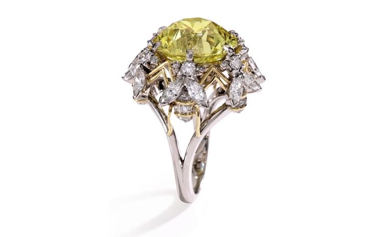 Lot 187 Platinum, 18 Karat Gold, Fancy Vivid Yellow Diamond and Near Colorless Diamond Ring, Schlumberger for Tiffany & Co., 1972 Est. $500/700,000. SOLD FOR $1,082,500