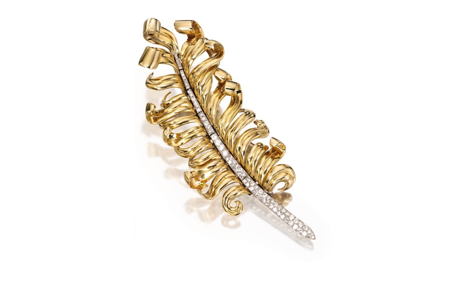 Lot 260 18 Karat Gold, Platinum and Diamond Feather Brooch, Paul Flato, Circa 1940 Est. $15/20,000. SOLD FOR $71,500