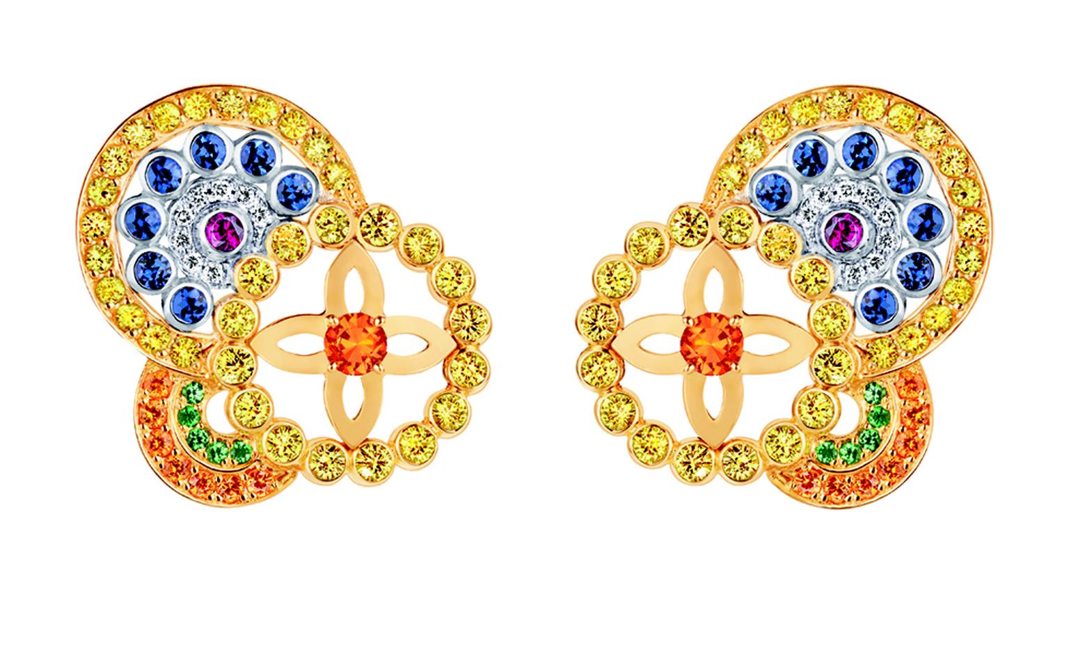 LOUIS VUITTON, Ornament Tribal Earrings, yellow gold, blue, yellow and pink sapphires, spessartite and tsavorite garnets and diamonds. £10,200