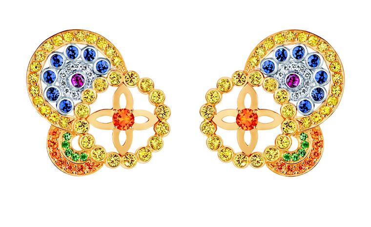 LOUIS VUITTON, Ornament Tribal Earrings, yellow gold, blue, yellow and pink sapphires, spessartite and tsavorite garnets and diamonds. £10,200