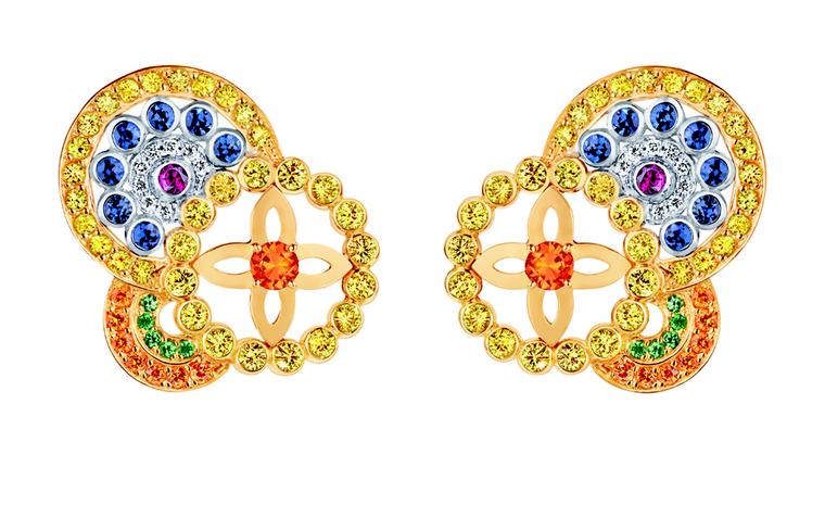 LOUIS VUITTON, Ornament Tribal Earrings, yellow gold, blue, yellow and pink sapphires, spessartite and tsavorite garnets and diamonds. £10,200