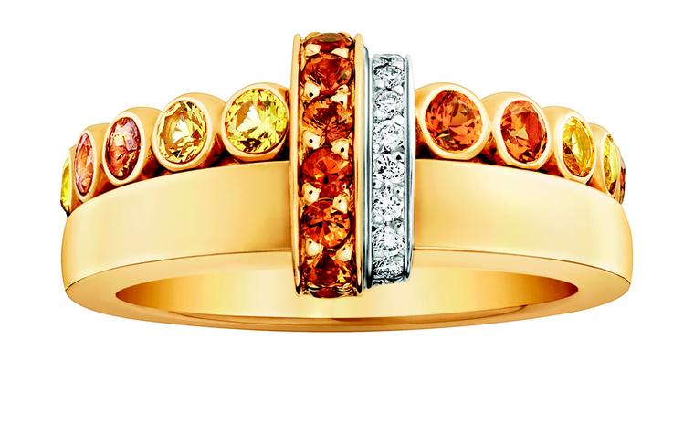 LOUIS VUITTON, Small Ornament Tribal Ring, yellow gold, yellow sapphires, spessartite garnets, diamonds. £2,810