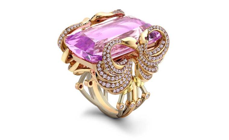BOODLES, Flamingo. A flamingo design ring comprised of an emerald cut morganite of over 46cts within a pink diamond set 18ct rose gold and platinum setting. £160,000