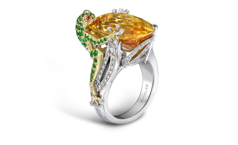 BOODLES, Yellow Frog. An imperial topaz frog design ring in platinum and 18ct yellow gold.  The centre stone is over 17cts.  His body is encrusted with tourmaline stones. £34,500