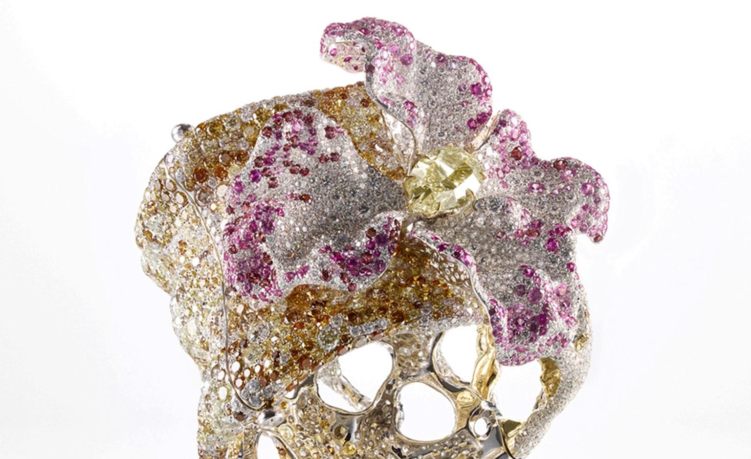 Cindy Chao The Art Jewel, Black Label Masterpiece, Solstice Cuff in the form of a bejewelled azalea set with diamonds, rubies, pink sapphires and rhodolites. The jewel sold at Sothby's Hong Kong sale for US $465,000